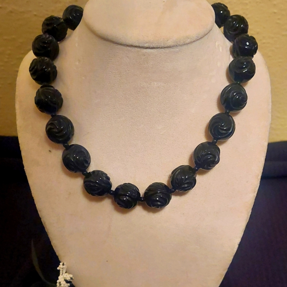 Carved Jet Roset Necklace